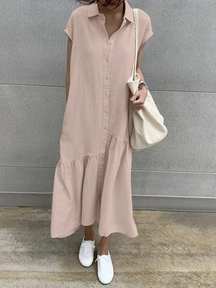 ZANZEA-Vestido camisero elegante de verano para mujer, Vestido largo de manga corta, informal, con solapa, 2022