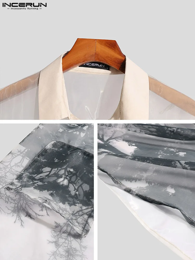 INCERUN Tops 2022 Chinese Style New Men landscape Printing Shirts Casual See-through Short-sleeved Cardigan Buttons Blouse S-5XL