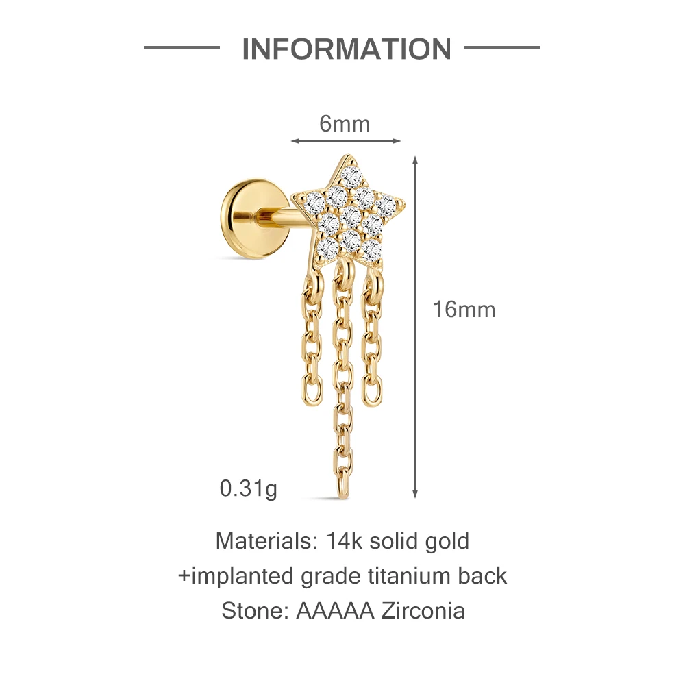 Фото Серьга-гвоздик CANNER 1 шт. из цельного золота 14K с цирконием, цепочка из титана G23, для пирсинга хряща, хеликса, трагуса, женская, подарок №2