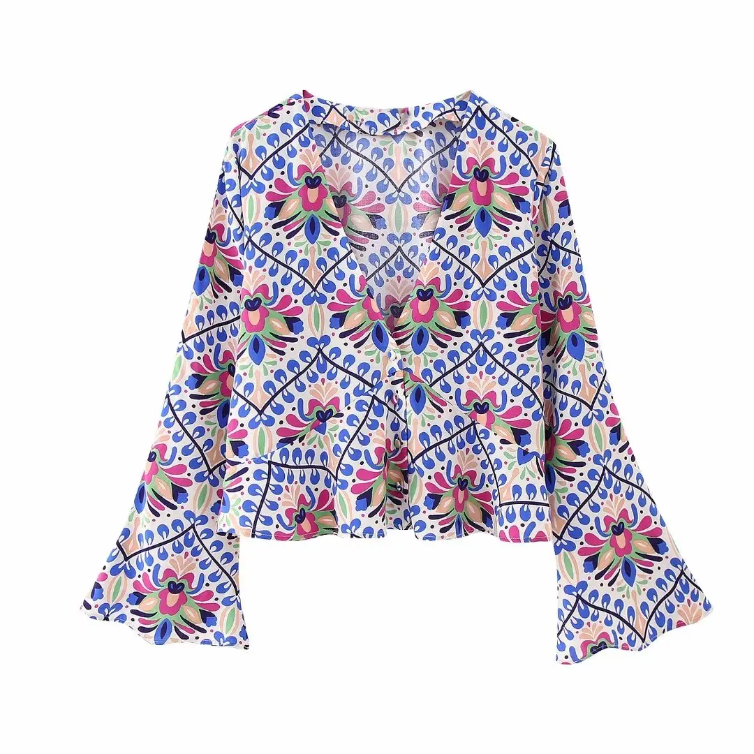 

Women 2023 New Fashion Clock sleeve print short Blouses Vintage Long Sleeve Button-up Female Shirts Chic Tops