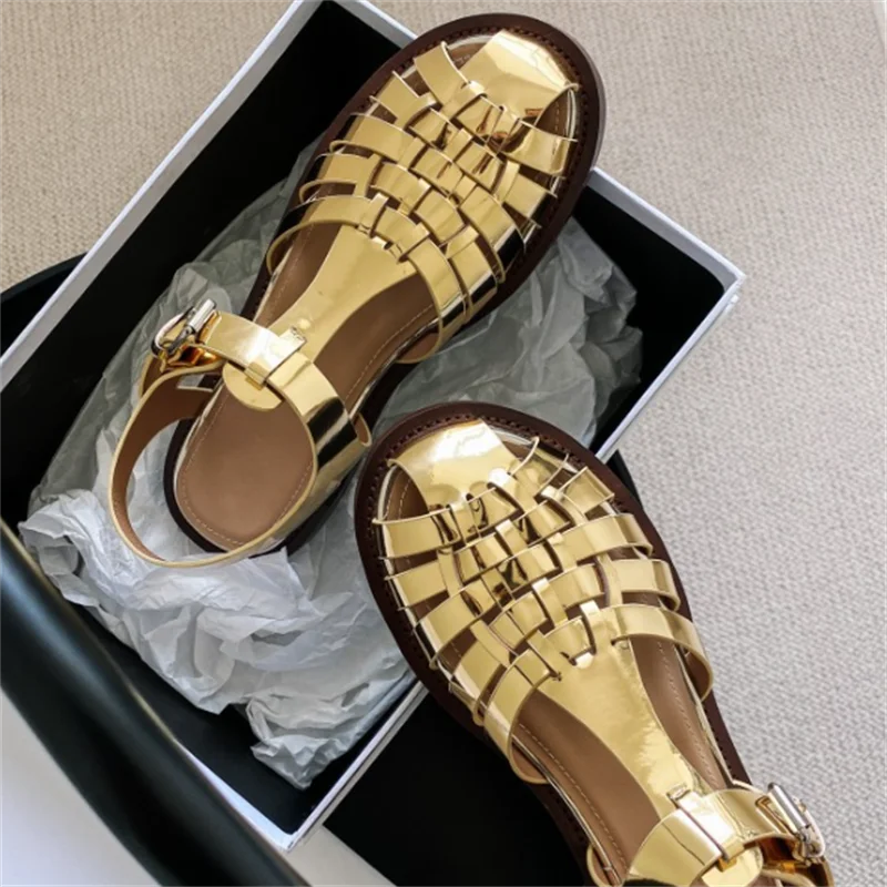 Vintage Fashion Temperament Gold Woven Hollow Roman Sandals For Women Summer Korean Casual Beach Shoes Female Flats