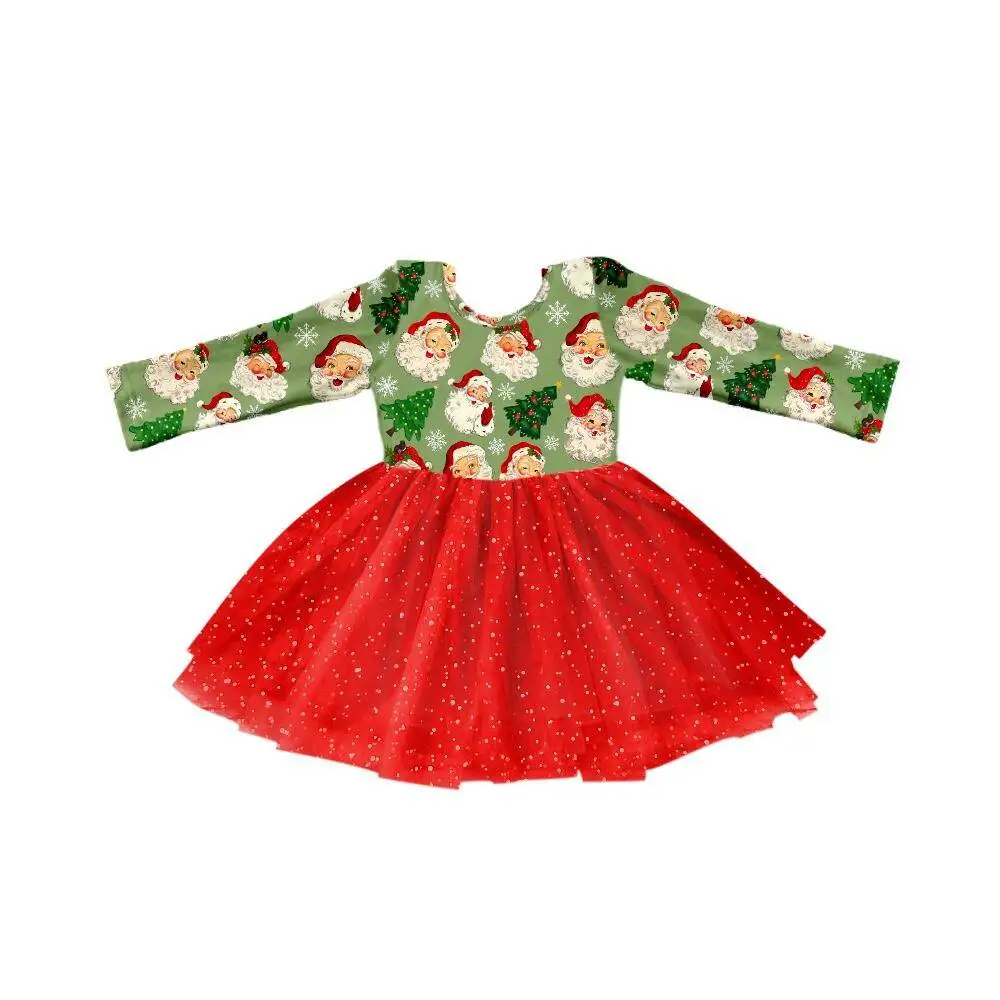 

Christmas latest design dress Girls Dress Crew neck Long sleeve red mesh pompadour dress Santa print dress