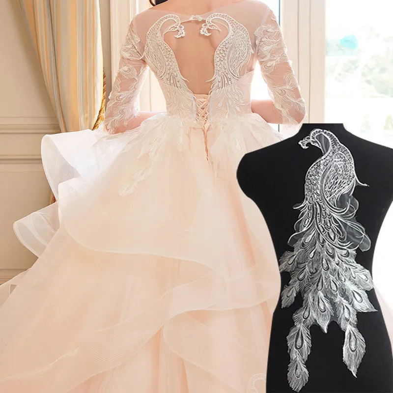 

Oversized Peacock Patches White Lace Decals Exquisite Applique Bridal Fabric Patch Accessories Wedding Dresses Diy Stickers F45