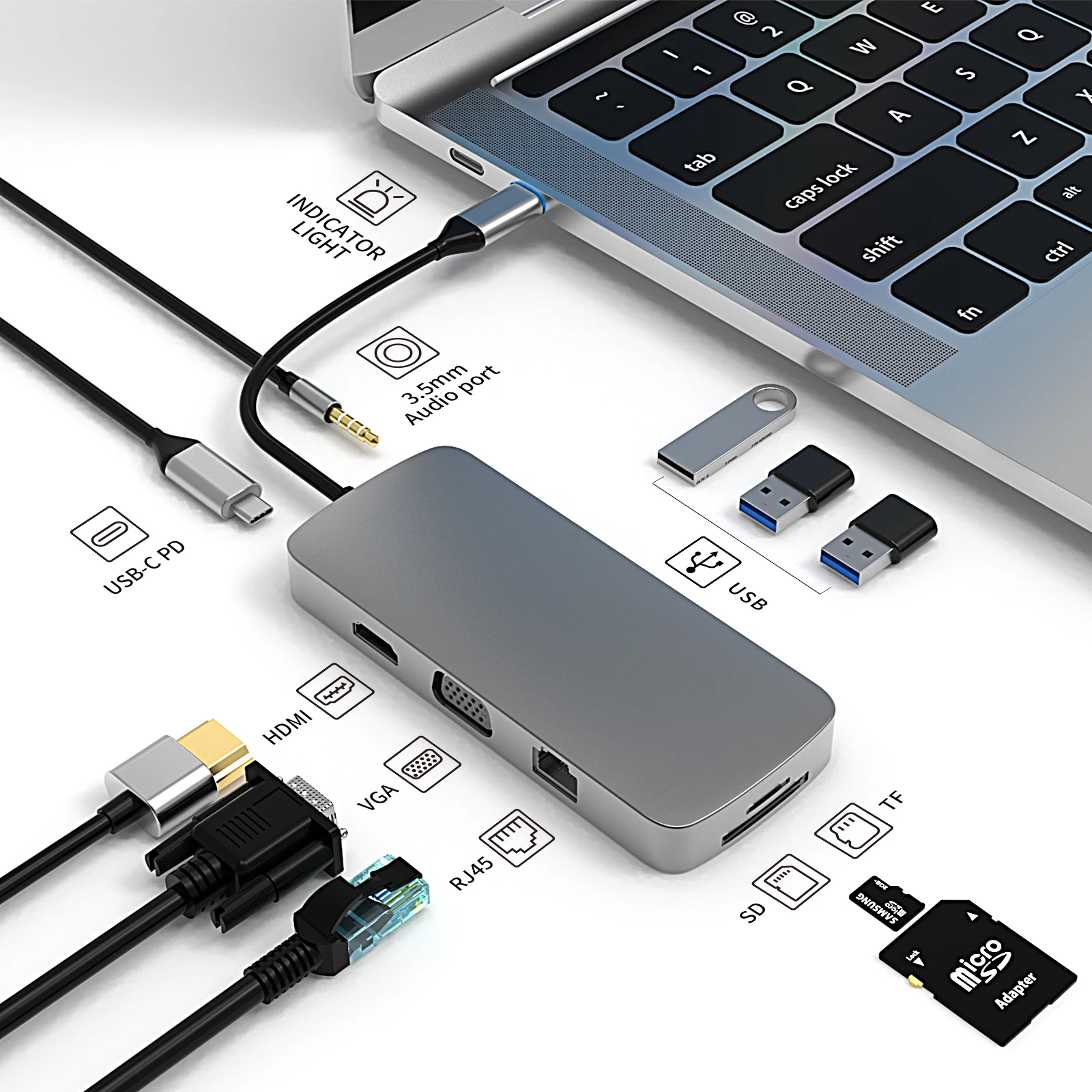 

USB C Hub Type-C Hub to 4K HDMI-Compatible RJ45 USB SD/TF Card Reader PD Fast Charge 10-in-1 Hub USB Dock For MacBook Air Pro