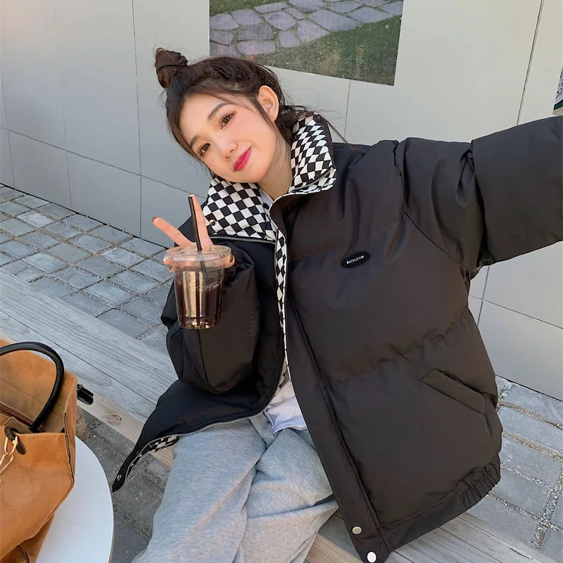 Women Zipper Loose Padded Coat Winter Down Cotton Jacket Female Solid Thickening Warm Puffer Parkas Jackets Black White 2022