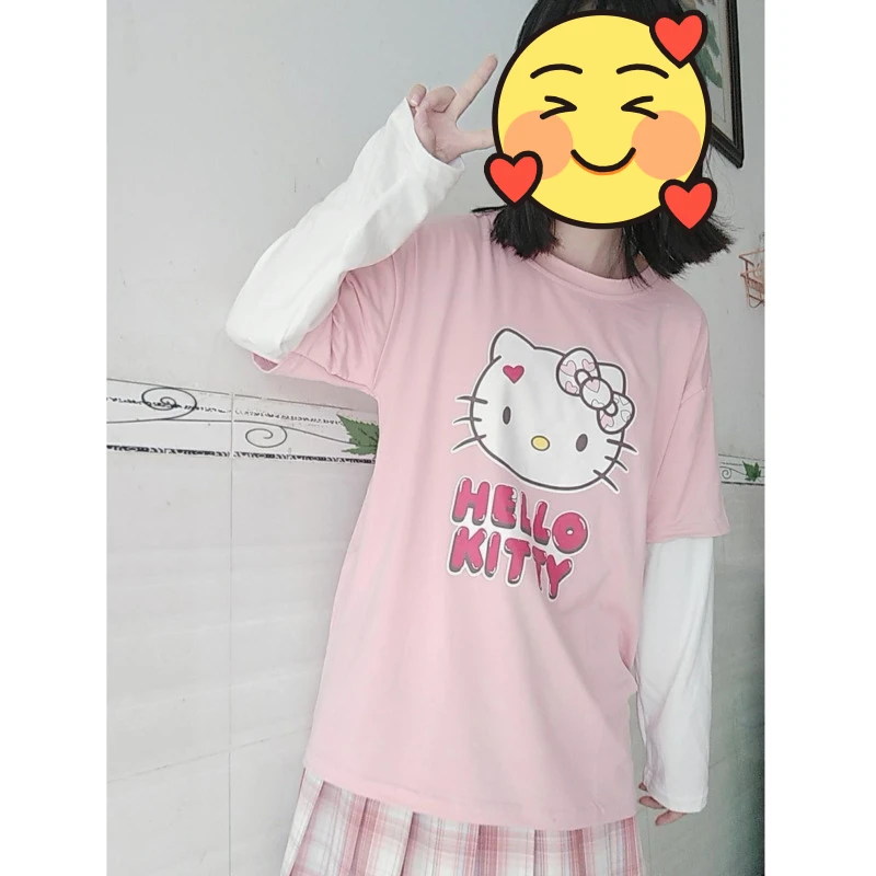 Fashion Clothing Y2k Hello Kitty Cat Print 2022 New Loose Korean Fake Two Piece Patchwork Long Sleeved T-shirts Women's Top Girl