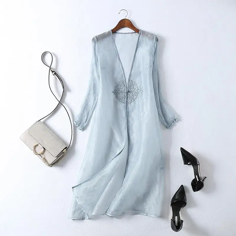 

Chinese Style Cropped Sleeves 2022 Women's Long Cardigan Shawl Retro Outside Embroidered Thin Cheongsam Coat