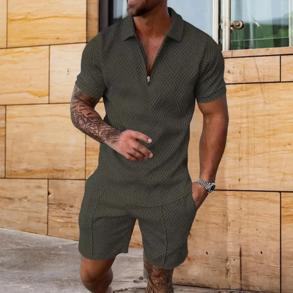 

2 Pcs/Set 2023 New Summer Men's Shorts Set Short Sleeve Zip Shirt Street T-shirt Two Piece Casual Sportswear