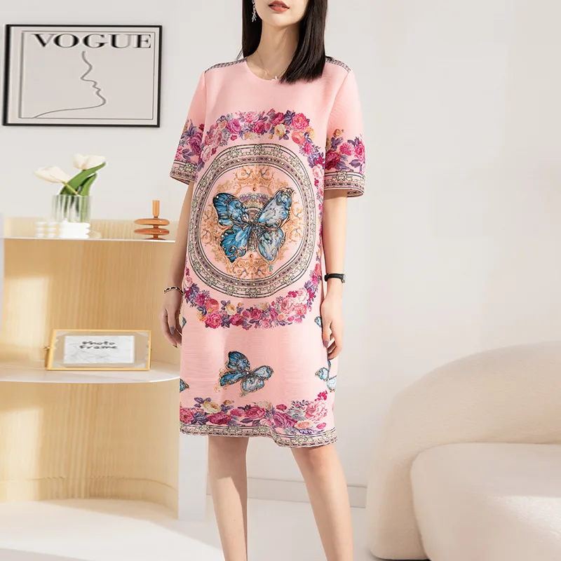 Pleated Dress Women 2022 New Spring Summer Fashion Floral Print Beaded O Neck Long Sleeve Loose Mid Length Dresses Office Lady