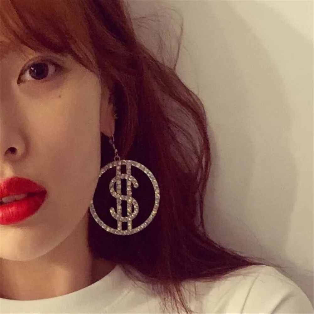 

Unusual Earrings Rhinestone Dollar Icon Hanging Shiny Crystal Dangle Exaggerated Charm Women's Earrings Prevent Allergy Pin 2022