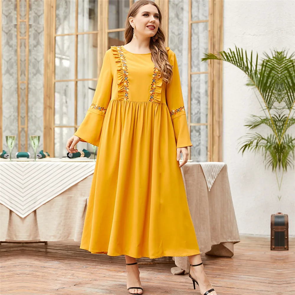 

Dubai Muslim Women Long Dress Islamic Abaya Turkey Middle East Ramadan Maxi Robe Arab Embroidery Ethnic Turkey Eid Spring Autumn