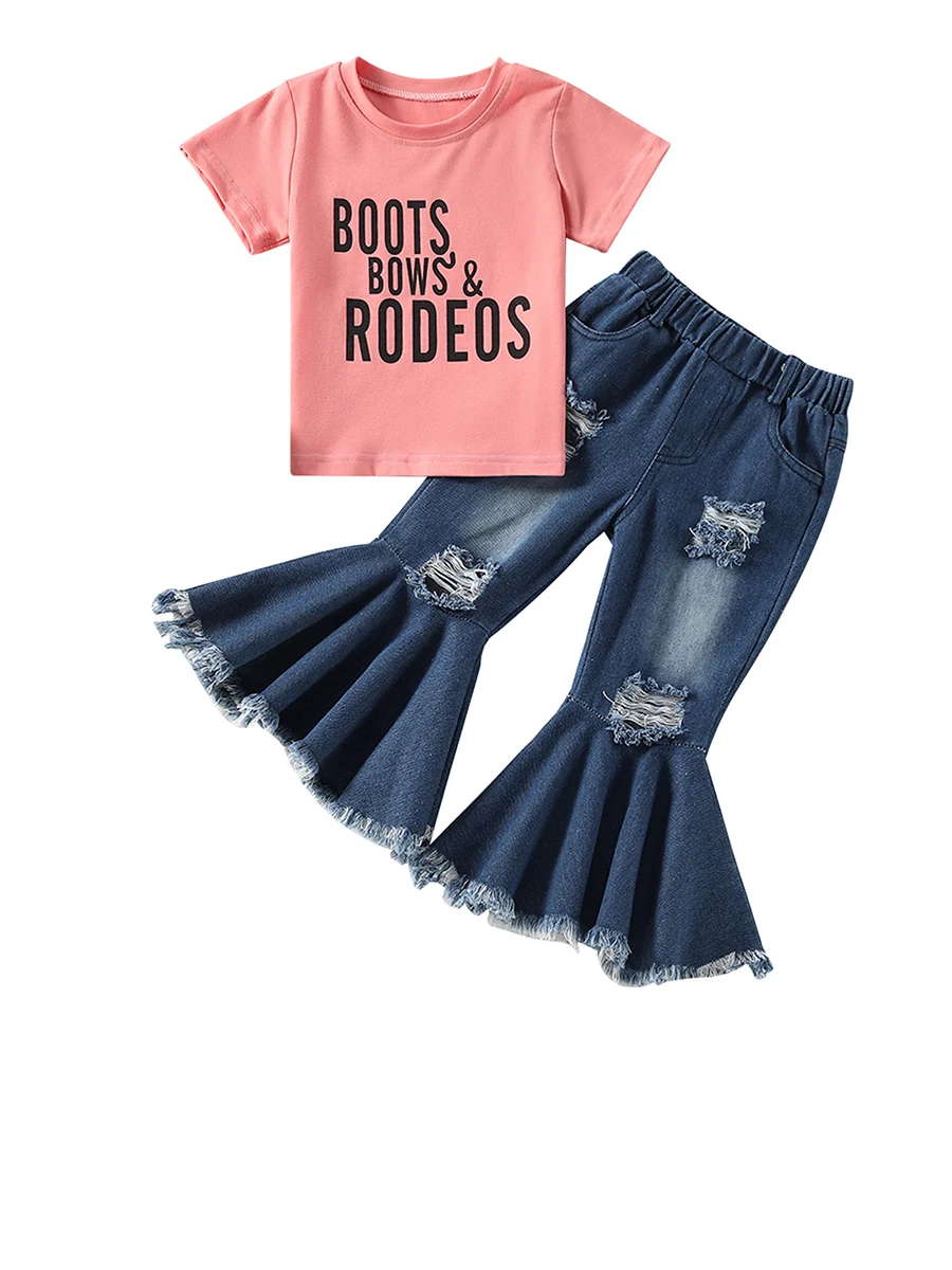 

Комплект детской одежды Sedceaty из 2 предметов для девочек, розовая футболка с коротким рукавом и буквенным принтом, рваные джинсовые расклеше...