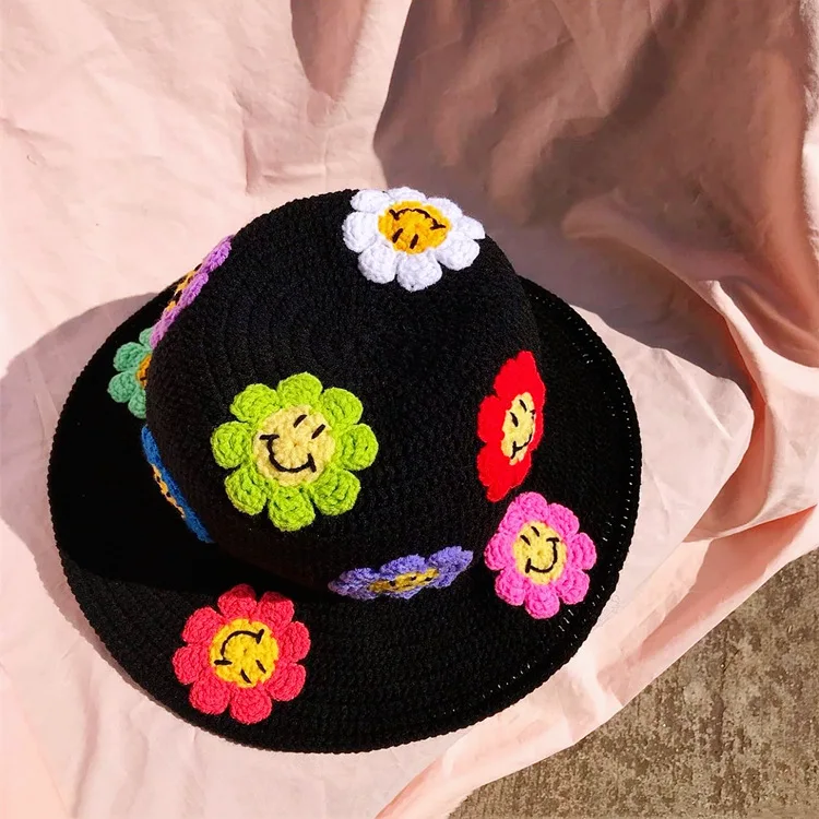 

Women Summer Sun BOHO Smail Floral Crochet Handmade Daisy Ladies Bucket Hat Cap