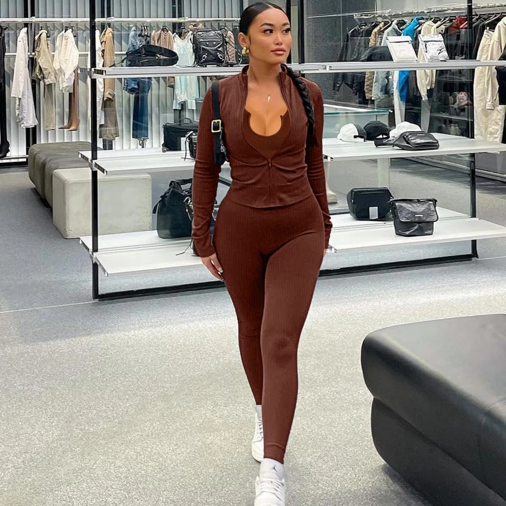 

3 Pieces Women's Sets Solid Pullover Suit Tops And Pants Suits Three Piece Set Matching Tracksuit Outfit 2023 Spring Autumn