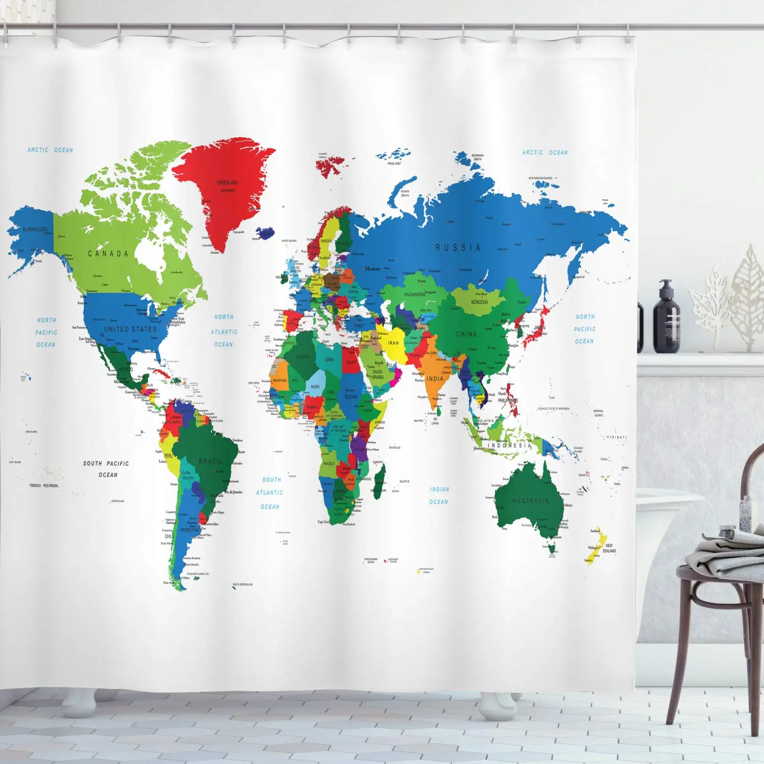 

World Map Shower Curtain Geography Global Country Ocean Mountains Bathroom Shower Curtain Home Decor Waterproof with Hooks