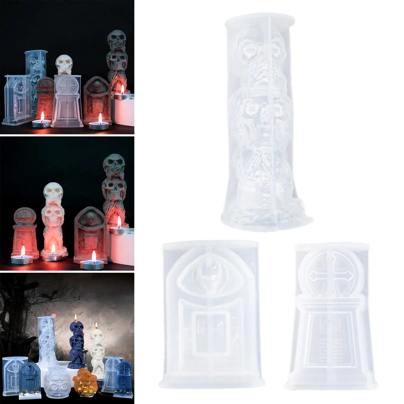 

3 Pieces 3D Skull Candle Molds Ornament Resin Casting Tools Tombstone Resin Crafts for Halloween Soap Making Wax Home Decor Clay