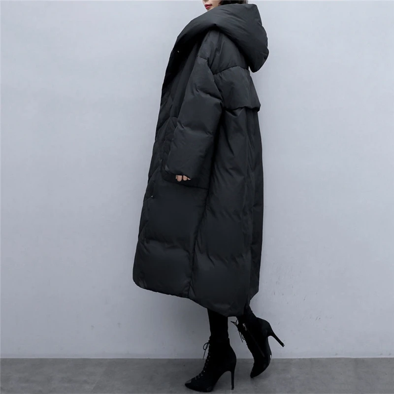 black Parkas X-long Large Coat Korean Style Loose Over Knee Women's Padded Jacket Women Thicken Parka Down Jackets Cotton Coats