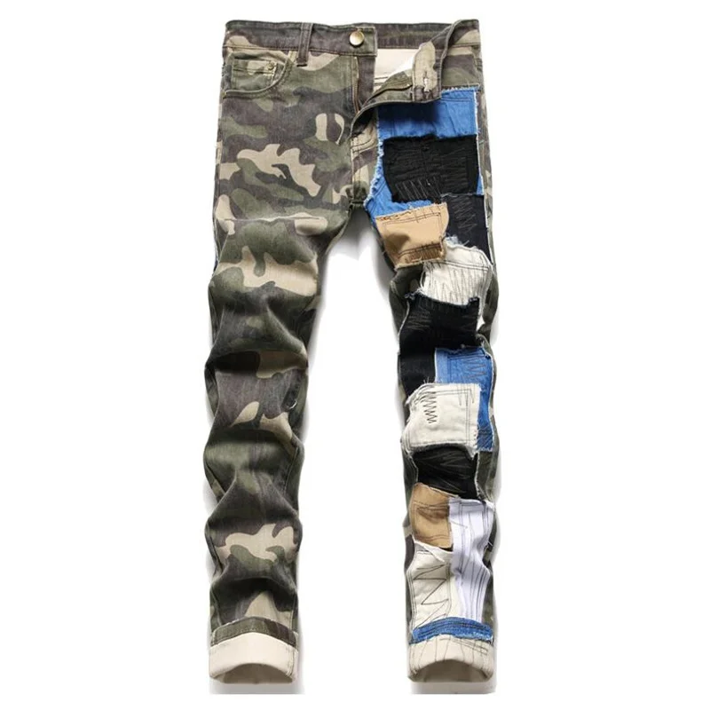 Autumn jeans men's trousers pants winter new trendy elastic camouflage stitching color matching slim waist джинсы мужские