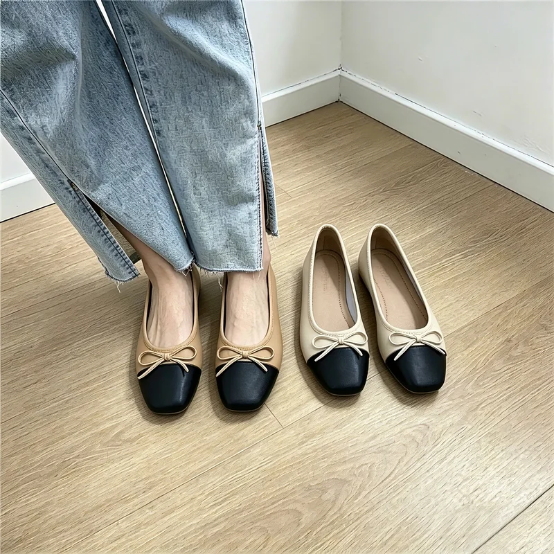 Фото Elegant Small Fragrance Women Flat Shoes Color Block Bowknot Square Toe Soft Leather Ballerina Slip On Casual Office Walking Shoes Zapatillas De Mujer №1