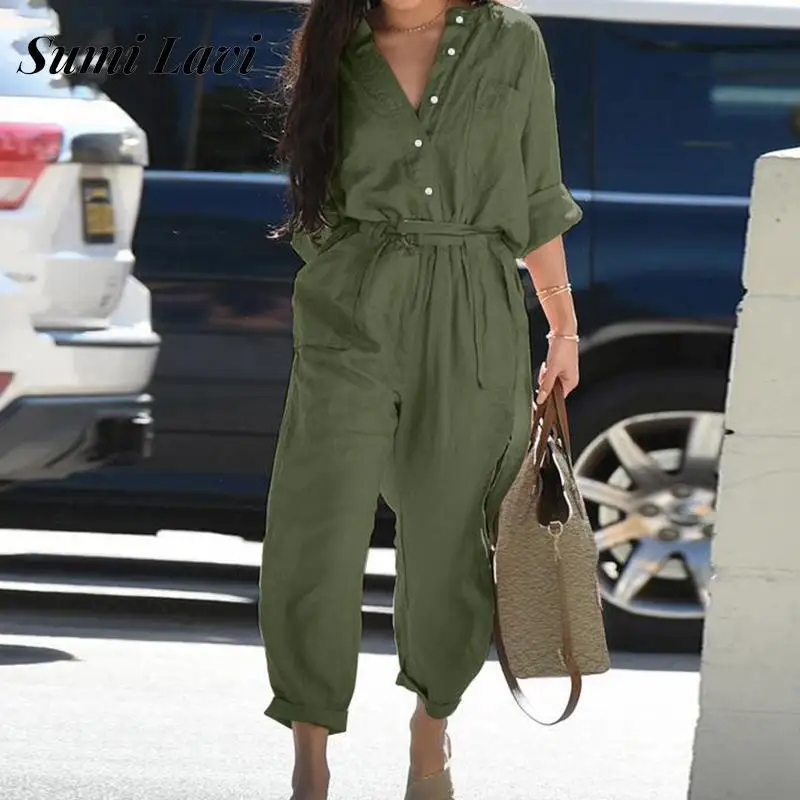 

2022 Autumn O Neck Button Shirt Overalls Women Casual Solid Color Jumpsuit Casual Ladies Long Sleeve One Piece Romper With Belt