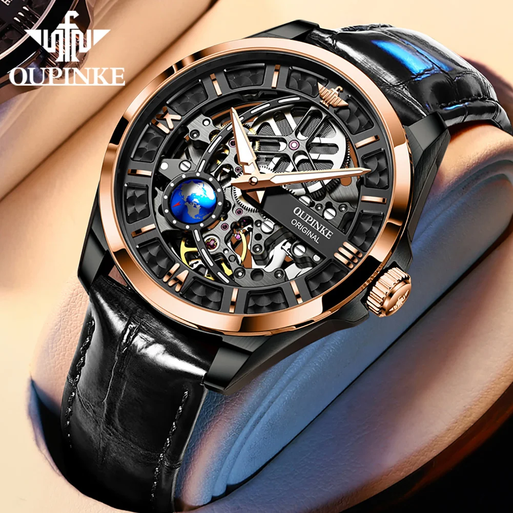 

OUPINKE Top Brand Mens Automatic Mechanical Watch Skeleton Design 50M Waterproof Sapphire Mirror Leather Strap Male Watches 3268