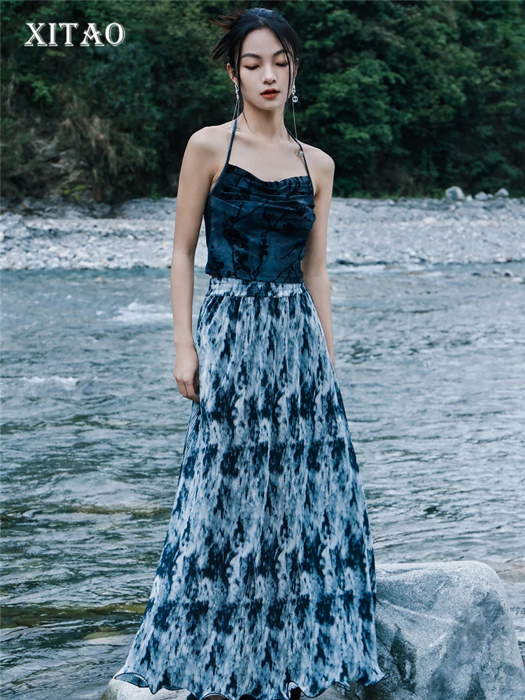 

XITAO Print Pattern Skirt Fashion New Women Vintage Elastic Waist Hem Small Fresh Pleated 2022 Summer Minority Skirt WLD8288