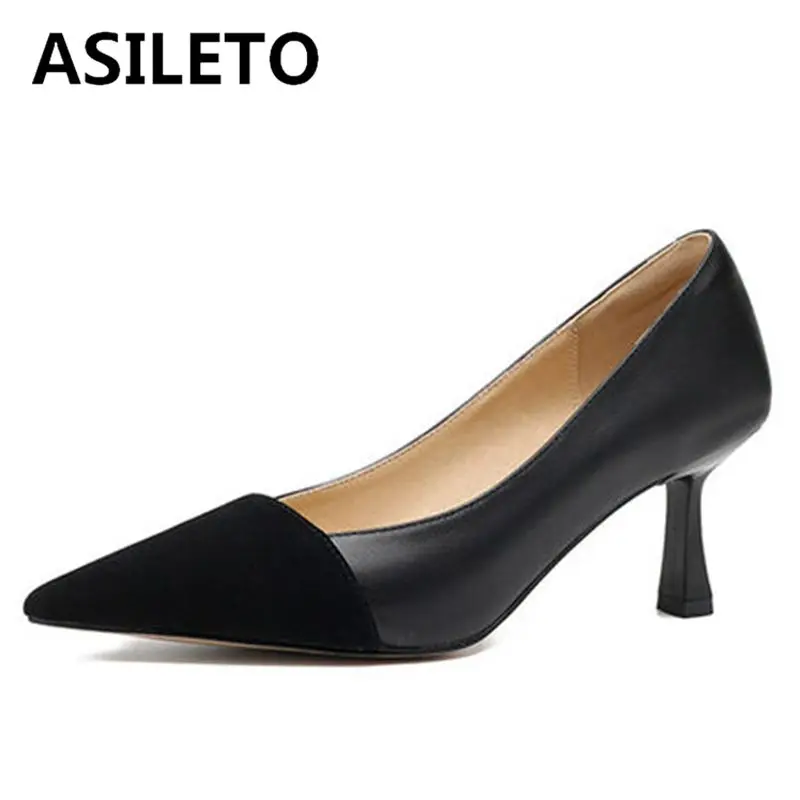 

ASILETO Full Grain Leather Women Pumps Pointed Toe High Heels Slip-On Splice Office Size 36-39 Black Beige Daily Spring S3638