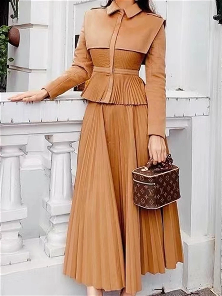 Solid Two Piece Set Women 2022 Embroidery Winter Clothing Elegant Turn-down Collar Top + High Waist Long Sleeve Pleated Skirt