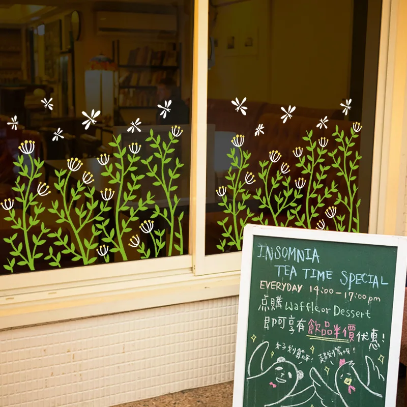 

Fresh flowers and feet kicking line stickers balcony window glass door corridor wall stickers PVC removable.