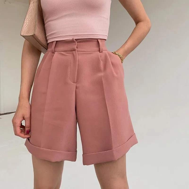 2022 New Wide-leg Loose Women's Trousers Material Flanging with Pockets Zipper Buttons Solid Color Fashion Casual Shorts