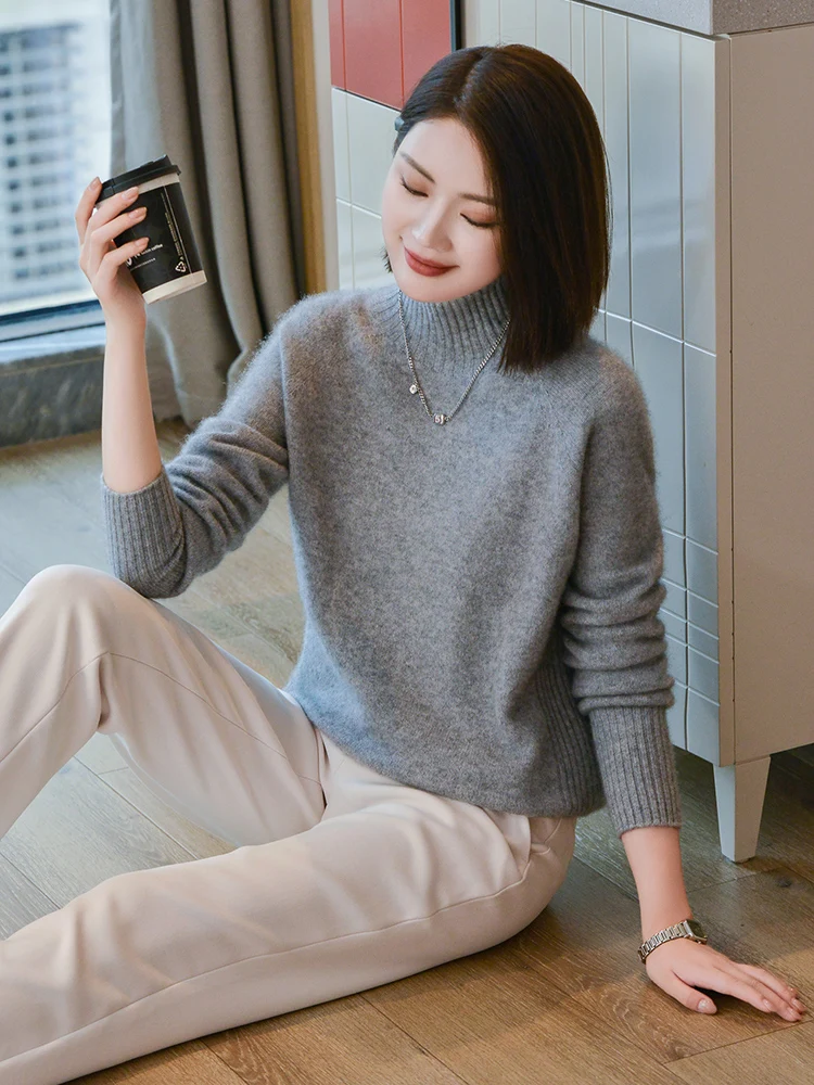 New Half-high Collar 00% Pure Cashmere Sweater Women Autumn and Winter Pullover Loose Short Knitted Thickened Bottom...