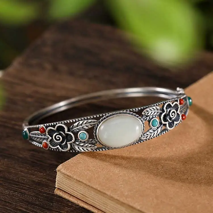 

Original Craft S925 Sterling Silver Hetian Jade Gray Jade White Jade Vintage Retro Style Personality Plum Blossom Ladies Open-En