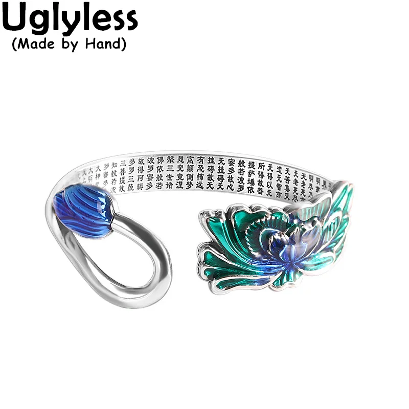 

Uglyless Real 999 Pure Silver Blooming Flower Bangles Women Buddhism Heart Sutra Jewelry Enamel Lotus Bangle Asymmetrical Bijoux