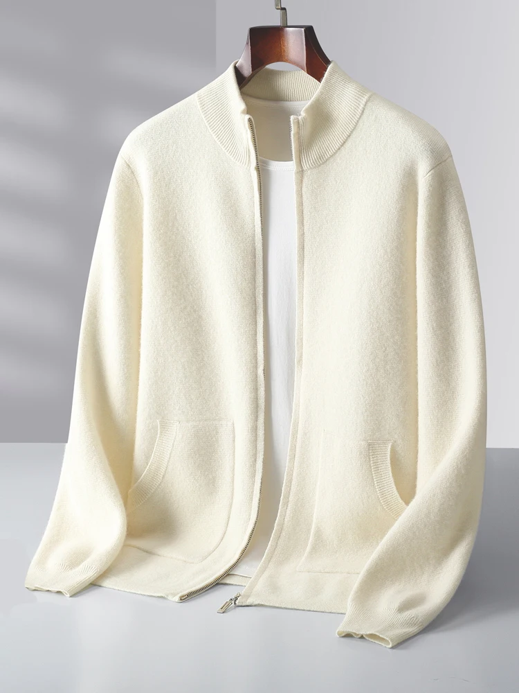 Осенне-зимний мужской кардиган на молнии трикотажный свитер из 100% мериносовой