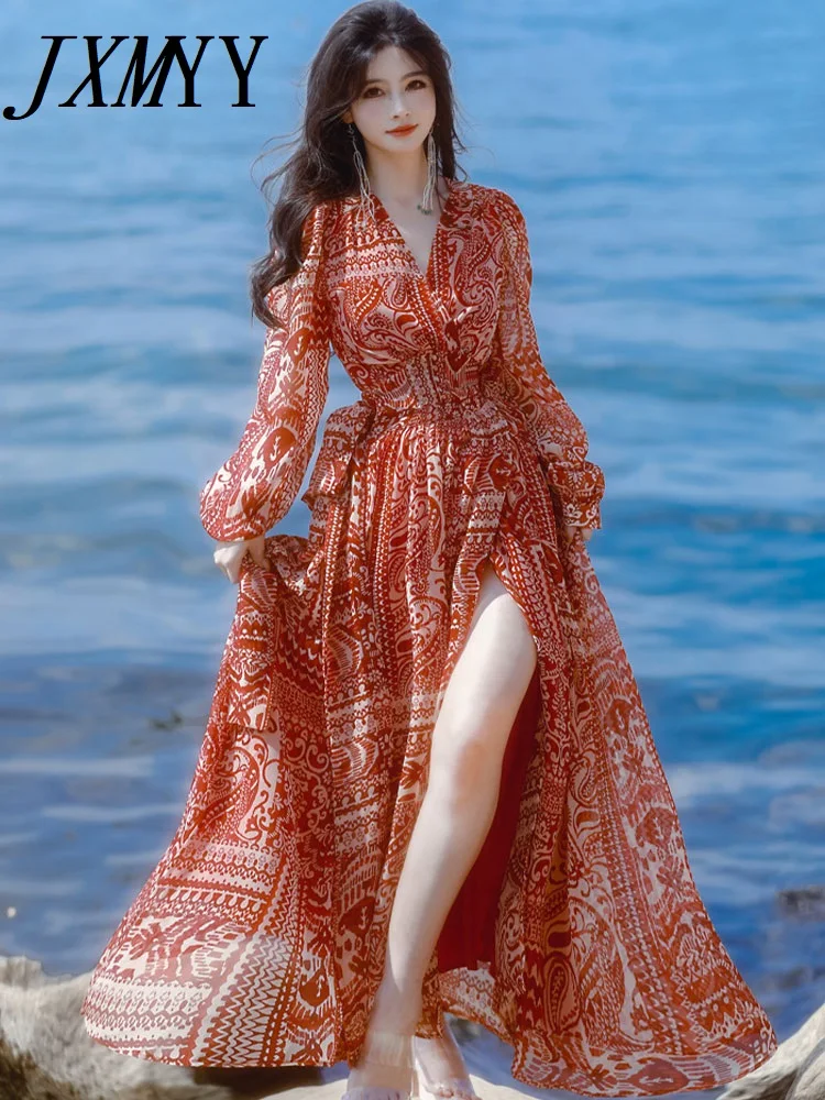 

JXMYY Летняя мода новые продукты в национальном стиле цельный пакет разрез талии вытягивание элегантное темпераментное платье женская одежд...