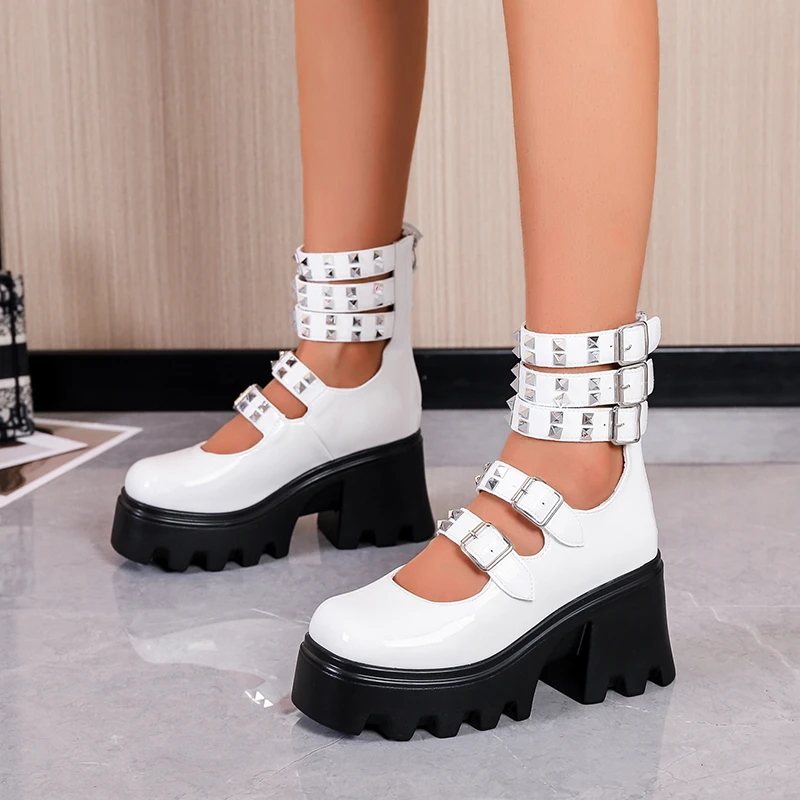 2023 Brand New Sale Block Heels Buckles Heart Platform Rivet Black Gothic Girls Cosplay Lolita Mary Janes Pumps Shoes Women