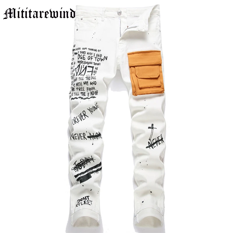 

Новые узкие джинсы с буквенным принтом, мужские длинные модные белые нашивки, универсальные прямые Молодежные Брюки Y2k