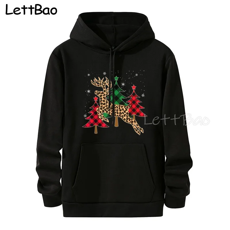 

Christmas Trees Leopard Print Xmas Hooded Sweater New Autumn and Winter Loose Anime Casual Coat Clothes for Men Dropshipping