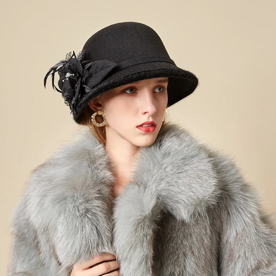 

Designer Feather Flower Wool Hats for Women 2022 Fashion British Style Elegant Ladies Bucket Hats Trendy Winter Cap