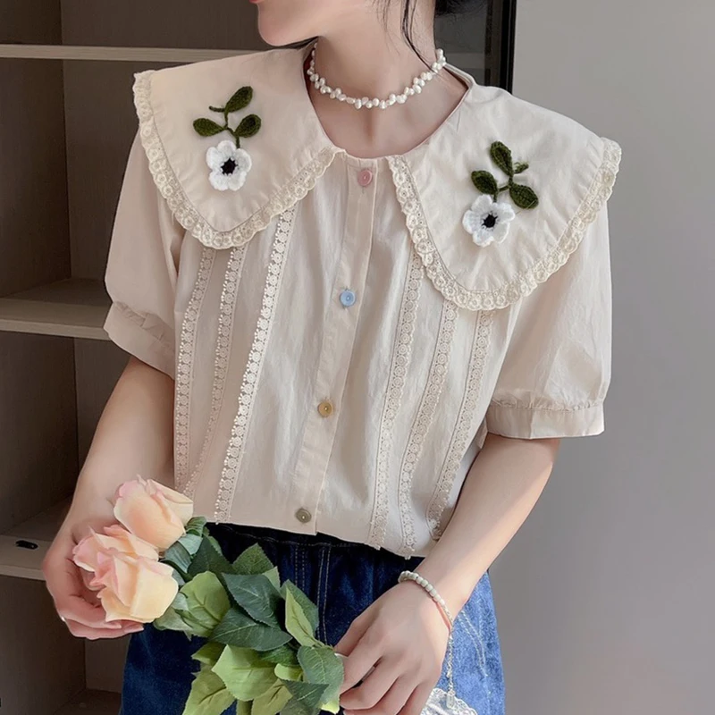 

Summer Sweet Appliques Short-sleeved Shirt Women Colorful Button Embroidery Flowers Peter Pan Collar Female Kawaii Blosue U040