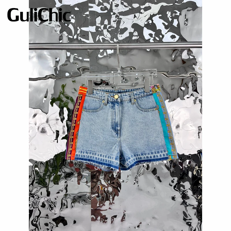 

5,6 GuliChic женские модные повседневные потертые джинсовые шорты со средней талией и боковым принтом в стиле пэчворк контрастных цветов