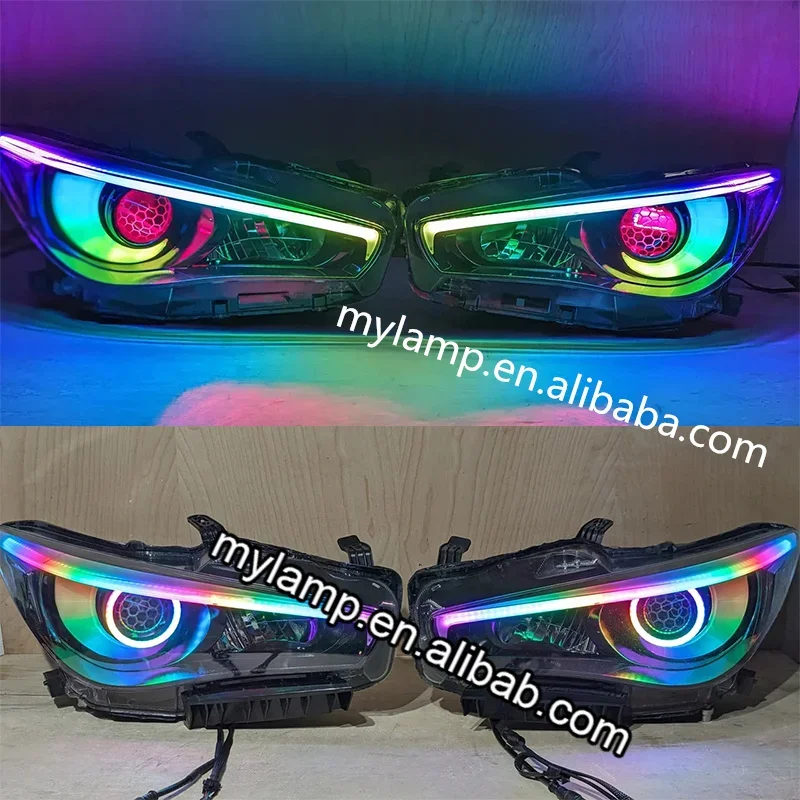 Фото Модифицированная передняя фара для Infiniti Q50 Sedan 2014-2023 годов выпуска, RGB LED, с эффектом турбины, Halo, Demon Eye, Angry Eye №2