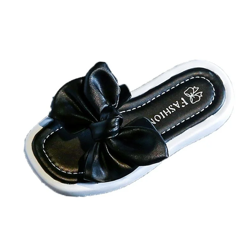 

Solid Black Kids Fashion Bow Princess Shoes 2022 Summer New Britain Style Children Flat Open-toe Casual Girls PU Thick Bottom