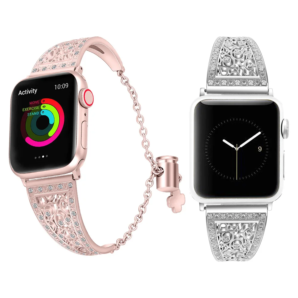 

For Apple Watch Band Series 6 SE 5 4 Woman 42mm Watchband For IWatch 38mm Link Metal Stainless Flash Drill Steel Strap
