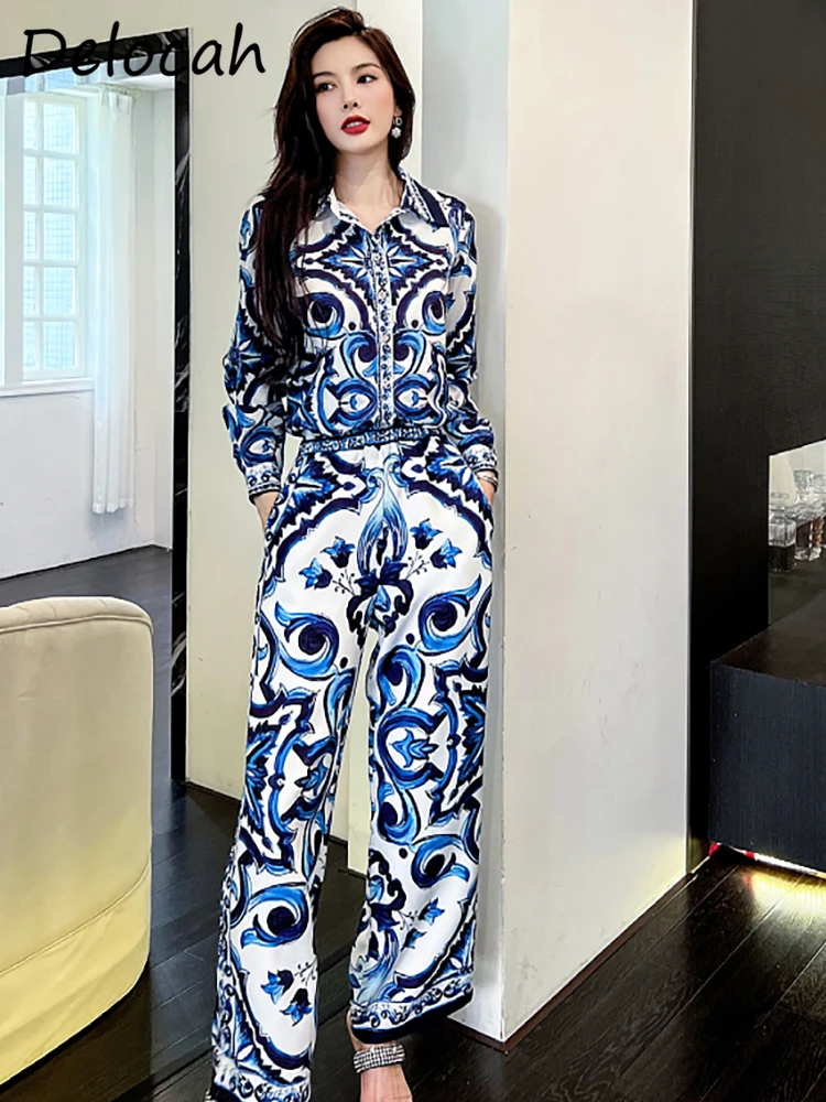 Delocah High Quality Autumn Women Fashion Designer Pants Set Blue And White Porcelain Lantern Sleeve Shirts + Wide Leg Pant Suit