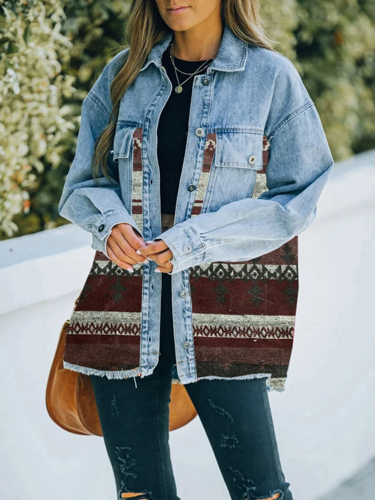 

Куртка джинсовая женская демисезонная, с длинным рукавом и отворотом