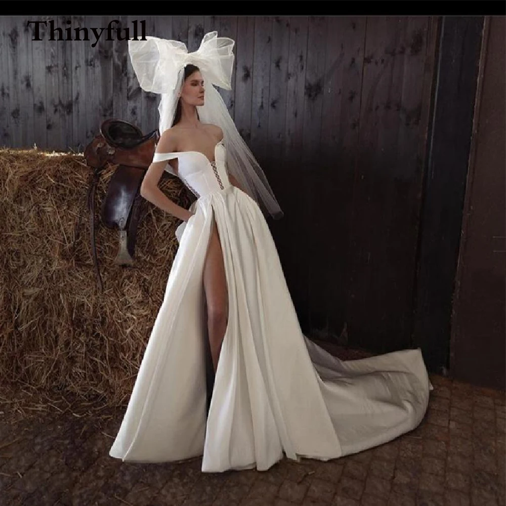 

Thinyfull Свадебные платья без рукавов с открытыми плечами, трапециевидные Свадебные платья с Боковым Разрезом, женское платье