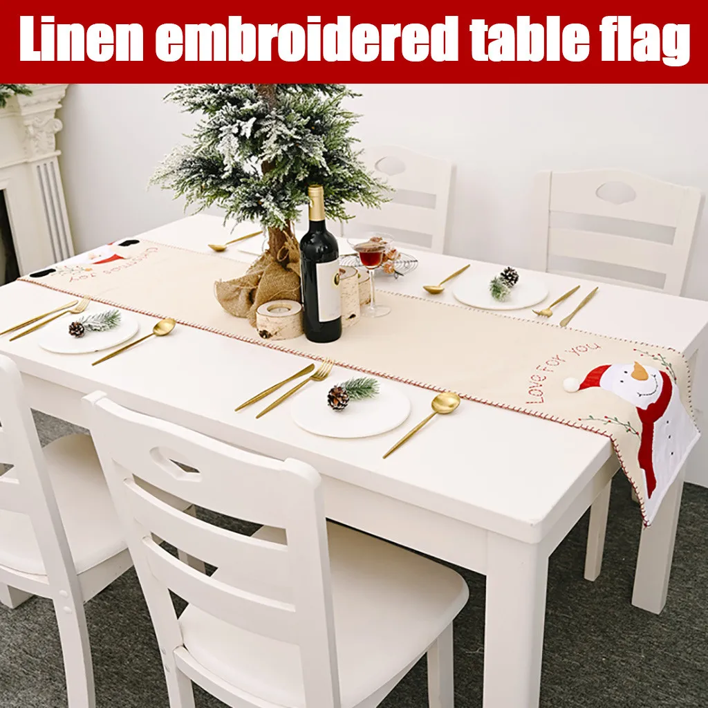 

White Scalloped Tablecloth Santa Snowman Linen Embroidery Table Runner Tablecloth Placemat Fitted Tablecloth for Table under 30
