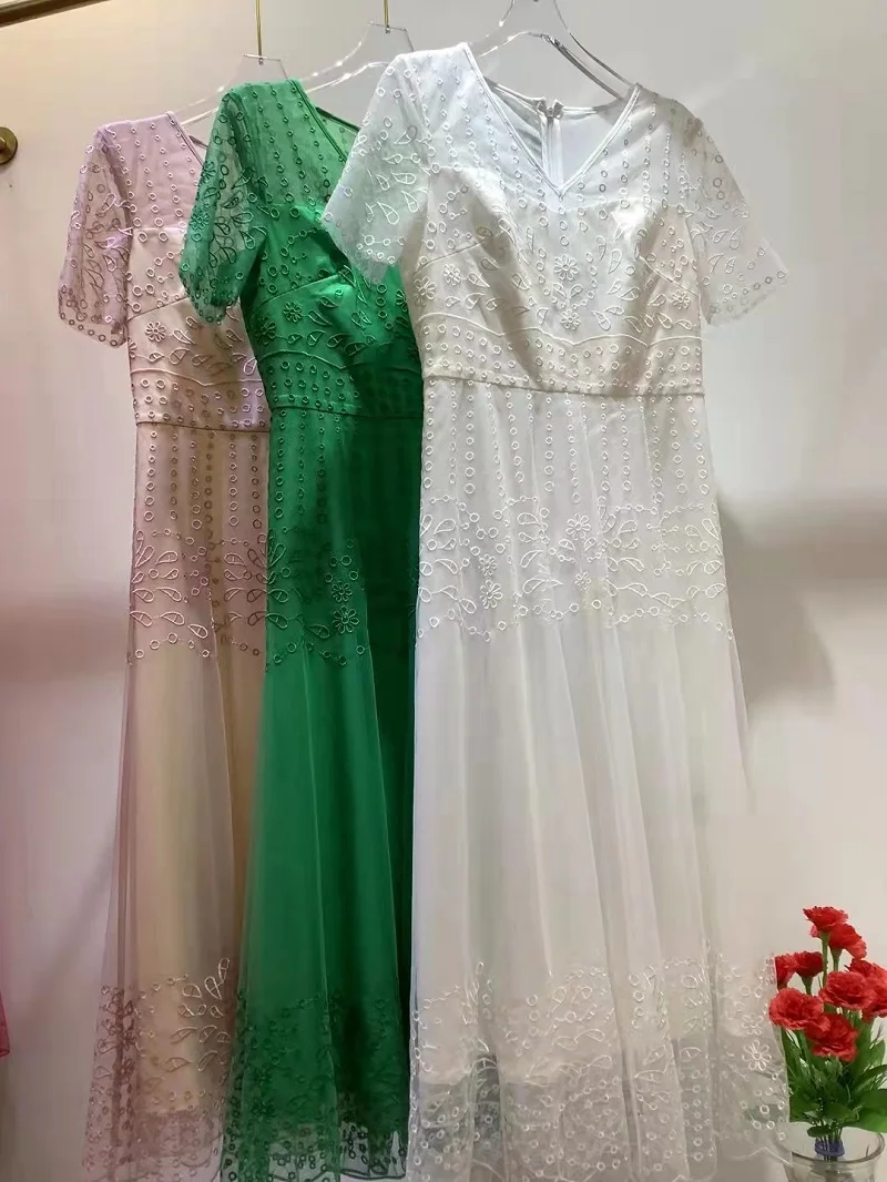 3xl Long Dress 2022 Summer Wedding Party Women V-Neck Allover Luxurious Embroidery Short Sleeve Pink White Green Maxi Dress