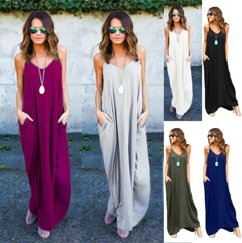 

Basic Women Casual Solid Color Long Beach Dress 2023 Summer Irregular Slip V-neck Slip Pocket Long Skirt Vestido